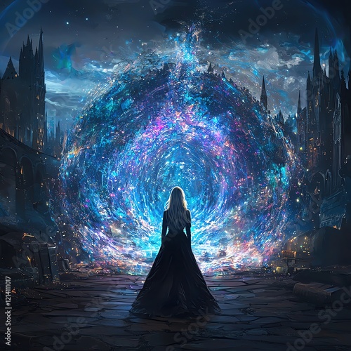 Mystical portal fantasy, glowing mystical portal, mysterious mystical portal gateway, Mysterious Blonde Woman in Dark Victorian Dress Opening a Magical Gateway 