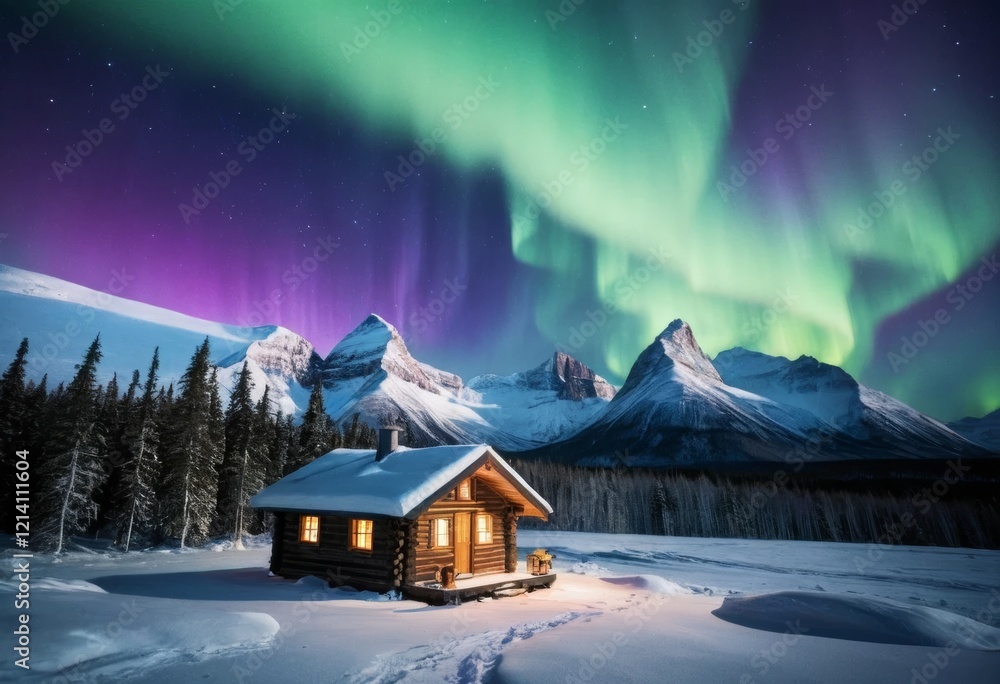 Naklejka premium Cozy Cabin in Snowy Mountains with Stunning Aurora Borealis Night Sky
