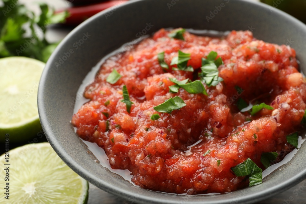 Delicious spicy salsa sauce in bowl on table, closeup Delicious spicy salsa sauce in bowl on table, closeup