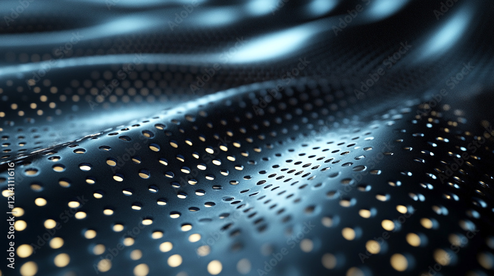 Abstract metallic surface with perforated holes and soft blue lighting creating a futuristic, textured, and reflective design Abstract metallic surface with perforated holes and soft blue lighting creating a futuristic, textured, and reflective design