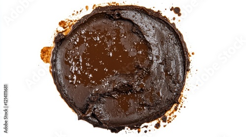 Abstract dark brown circular smear, splatter, or stain on white background.