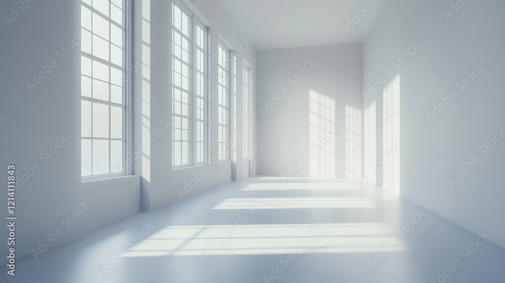 Obraz premium Sunlight Streaming Through Large Windows in a Minimalist White Room.