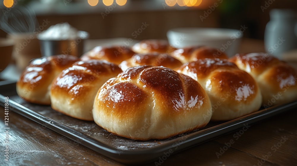 Freshly baked golden bread rolls resting on a tray in a cozy kitchen with warm lighting Freshly baked golden bread rolls resting on a tray in a cozy kitchen with warm lighting