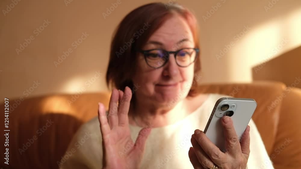 Happy elderly senior mature woman is using mobile phone, online video call talk with waving hand, greeting her relatives and grandchildren. Happy elderly senior mature woman is using mobile phone, online video call talk with waving hand, greeting her relatives and grandchildren.