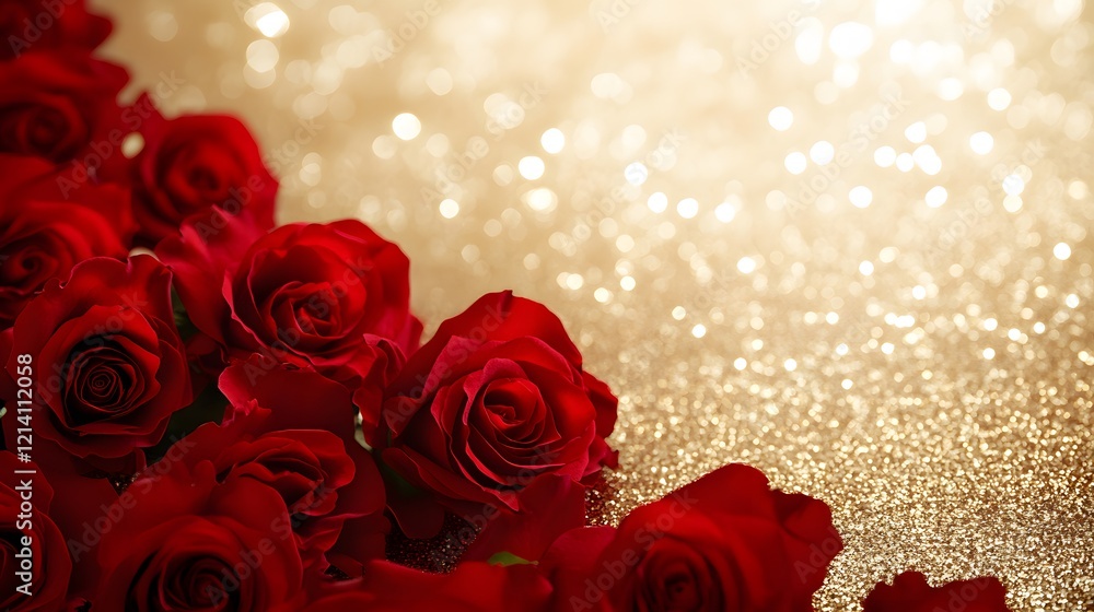 Red Roses Resting on a Golden Glittery Background Red Roses Resting on a Golden Glittery Background
