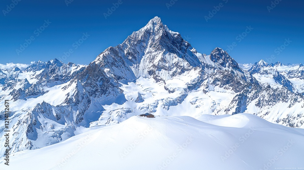Panoramic View of Majestic Snow Covered Mountain Peak Under a Clear Blue Sky Panoramic View of Majestic Snow Covered Mountain Peak Under a Clear Blue Sky