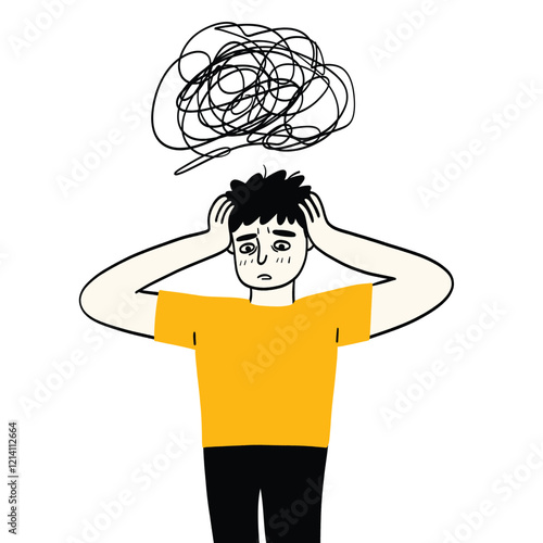 Hand drawing vector illustration, Sad young man having restless stressed expression on face and crying of stress. Obsessive compulsive, anxiety disorder concept