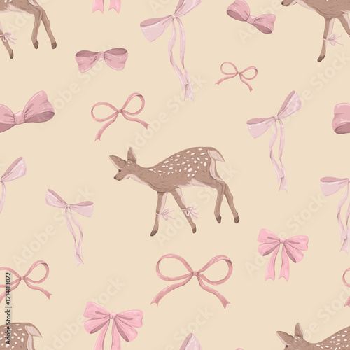 Deer With Bow Coquette Seamless Pattern
