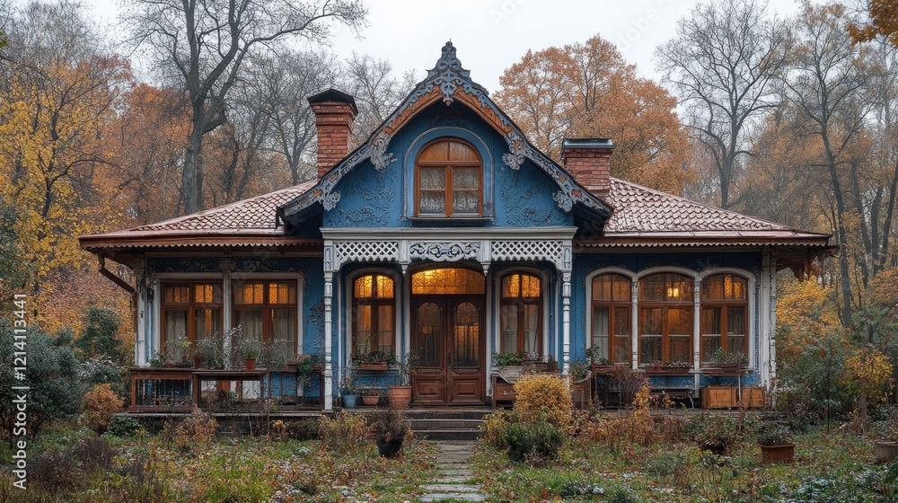 Autumnal blue house, park setting, glowing windows, cozy Autumnal blue house, park setting, glowing windows, cozy