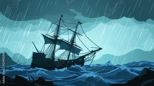 Ship in Stormy Sea: A silhouette of a vintage sailing ship braves the tumultuous waters of a stormy sea,  waves crashing against its hull under a  torrent of rain.