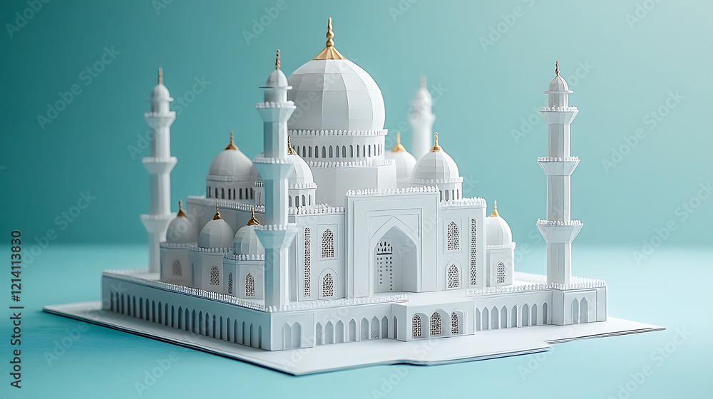 Obraz premium Minimalist Mosque Model on Blue Background, Isometric View
