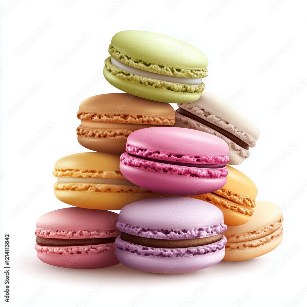 Colorful macaroon pile displayed on a clean white background showcasing various flavors and textures perfect for dessert lovers Colorful macaroon pile displayed on a clean white background showcasing various flavors and textures perfect for dessert lovers
