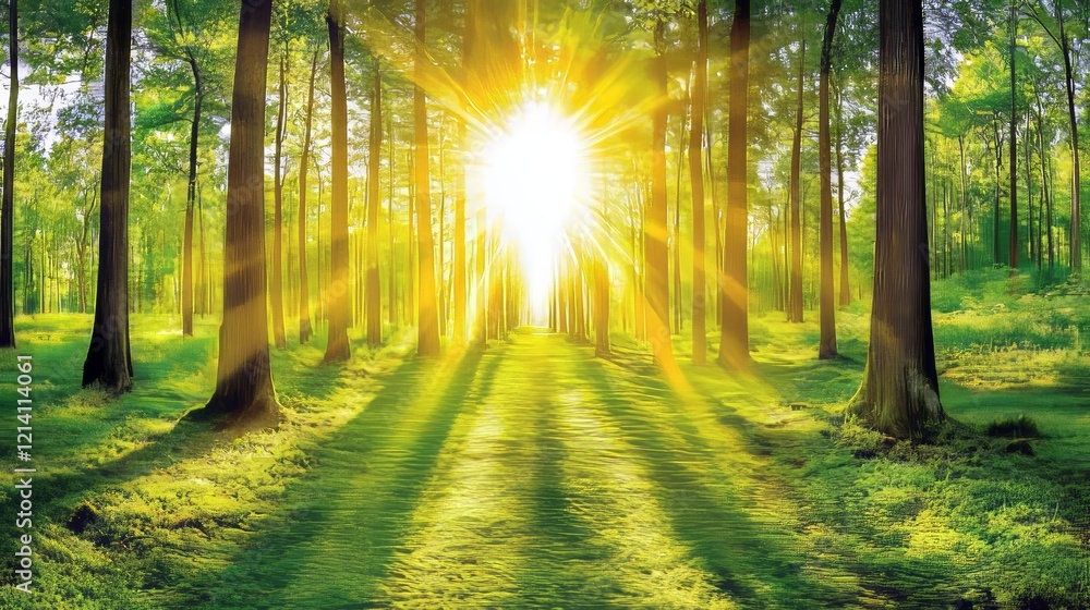 Naklejka premium Sunbeams Illuminating Tranquil Forest Path, Serene Woodland Scene with Golden Sunlight