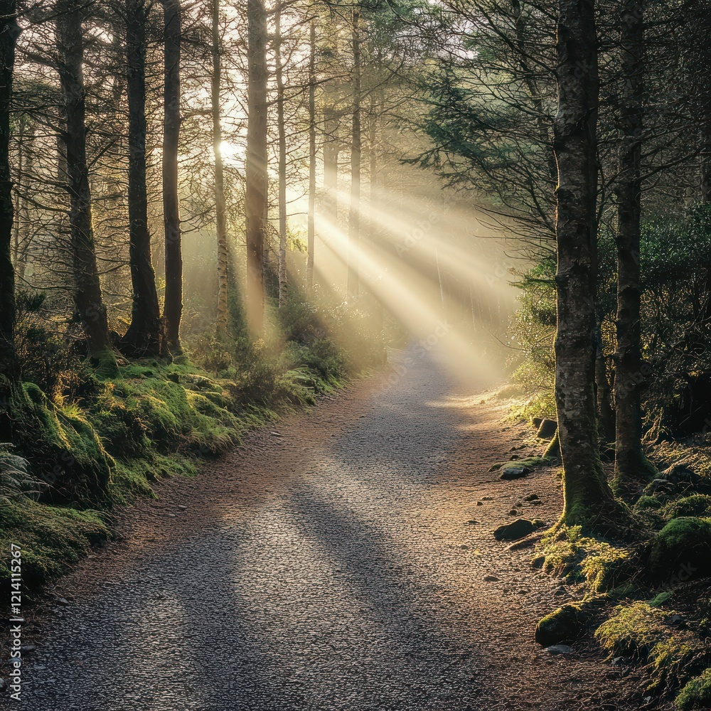 Obraz premium Sunbeams Illuminating a Misty Forest Path