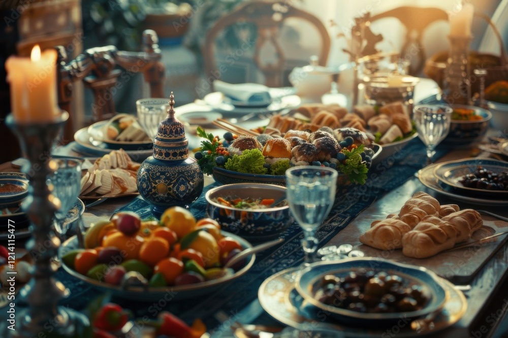 Eid al-Fitr holiday table. Ramadan family dinner. Breaking Fast, iftar. Arabic Middle Eastern traditional cuisine Eid al-Fitr holiday table. Ramadan family dinner. Breaking Fast, iftar. Arabic Middle Eastern traditional cuisine
