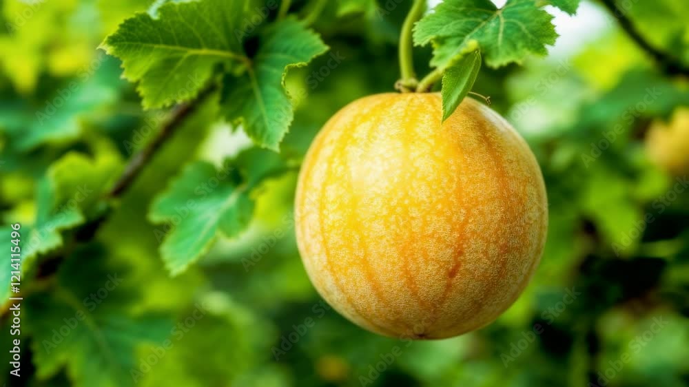 Close-Up of a Ripened Yellow cantaloupe Melon Hanging on a Vine Close-Up of a Ripened Yellow cantaloupe Melon Hanging on a Vine