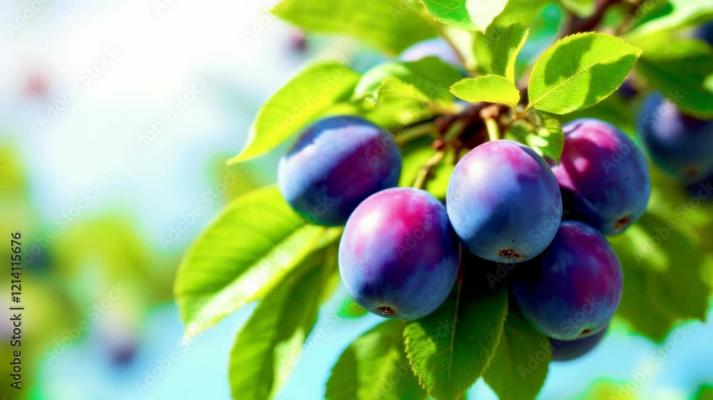 Ripe Blue and Purple Plums on a Tree Branch Close-Up Ripe Blue and Purple Plums on a Tree Branch Close-Up