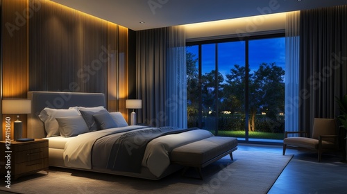 modern bedroom with a minimalist design at night. cozy bedroom inspiration