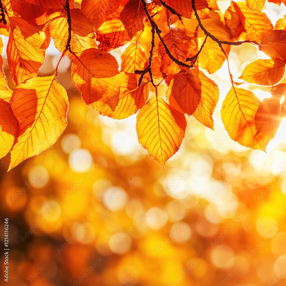 Golden autumn leaves on branches with sunlight shining through and blurred background Golden autumn leaves on branches with sunlight shining through and blurred background