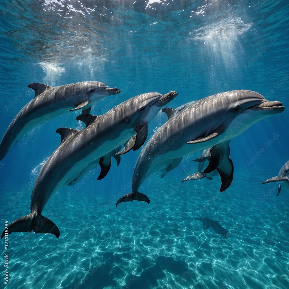 Obraz premium Oceanic Ballet: Two dolphins gracefully glide through the crystal-clear turquoise waters, their sleek bodies reflecting the sunlight in an underwater dance of elegance and