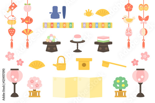 ひな飾りの道具のイラストセット　ひな人形　ひな祭り