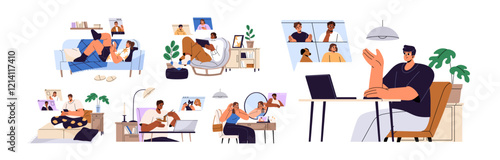 Concept set of video call. Friends talk using videocall. Colleagues are on online business conference. Remote work, distance communication. Flat isolated vector illustrations on white background