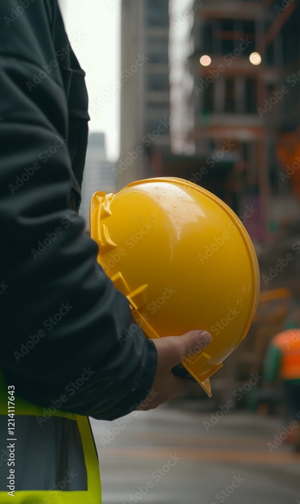 Construction worker holding yellow hard hat in front of building under construction background Construction worker holding yellow hard hat in front of building under construction background