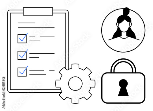 Checklist with three checked items, user avatar, gear, and lock. Ideal for data privacy, cybersecurity, identity protection, secure settings information management process workflow. Line metaphor