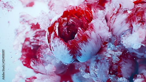 Frozen Tulips: A Stunning Display of Red and White photo