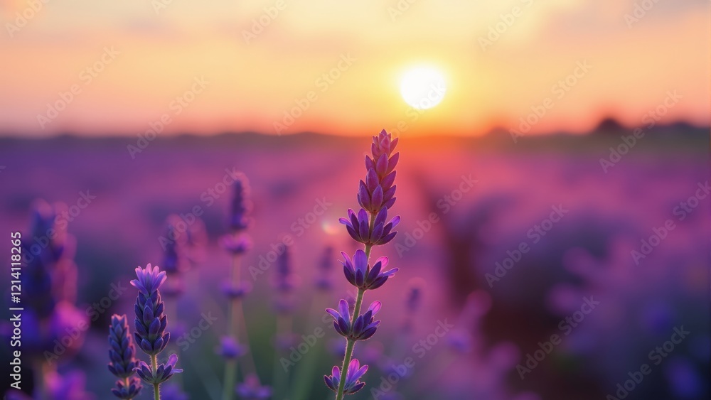Naklejka premium Vibrant lavender blooms basking in the golden glow of a summer sunset
