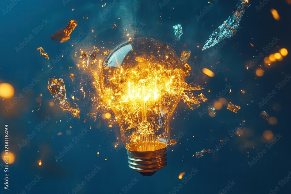 a luminous crystal light bulb shatters mid-explosion, releasing vibrant paint splashes and golden sparks against a deep blue backdrop, symbolizing innovation and creativity