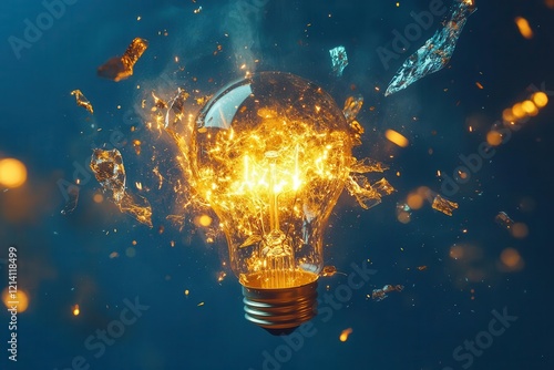 Obraz na płótnie a luminous crystal light bulb shatters mid-explosion, releasing vibrant paint splashes and golden sparks against a deep blue backdrop, symbolizing innovation and creativity w salonie