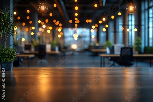 Wallpaper Mural Warm wooden surface with blurred office space and hanging lights creating a cozy atmosphere Torontodigital.ca