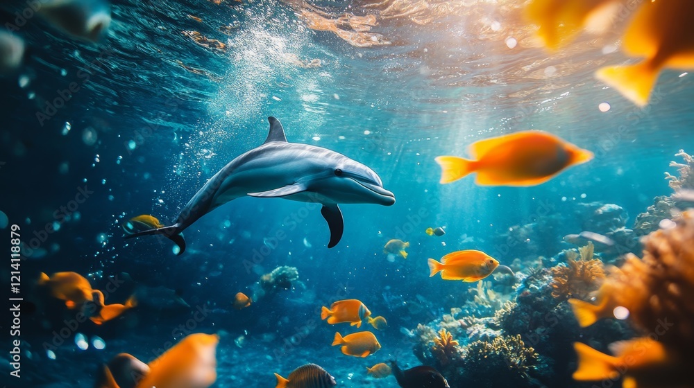 fish swimming in the deep blue ocean with colorful tropical fish and a dolphin. underwater ecosystem
