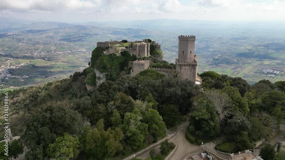 Aerial view of Castello di Venere castle, built on spectacular location in Erice, overlooking rolling hills and mountains of Western Sicily Italy
Aerial view of Castello di Venere castle, built on spectacular location in Erice, overlooking rolling hills and mountains of Western Sicily Italy