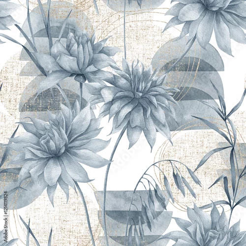 Obraz Abstract watercolor seamless pattern with dahlia, geometric shapes and golden circles. Hand drawn illustration on white background.  Vintage  plant