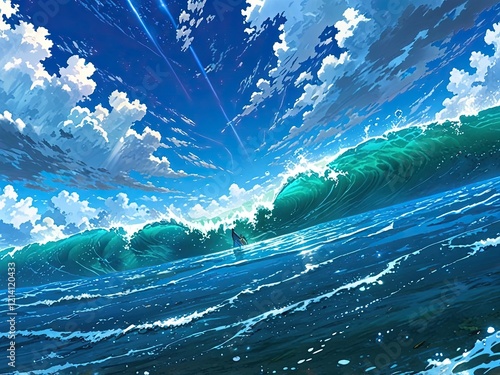 A vast ocean under a brilliant blue sky with towering waves rising dramatically, their crests illuminated by sunlight. The dynamic water and vibrant clouds create a sense of movement and awe, capturin photo