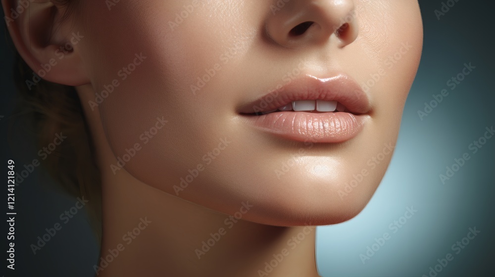 Close-up view of a woman's lips showcasing natural beauty and flawless skin in soft lighting Close-up view of a woman's lips showcasing natural beauty and flawless skin in soft lighting