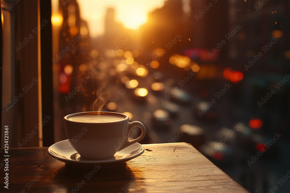 A cup of coffee or tea on a bustling cityscape outdoors. A cup of coffee or tea on a bustling cityscape outdoors.