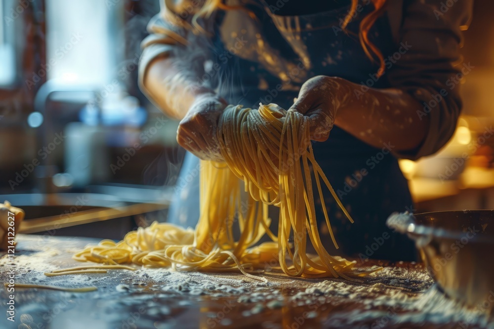 High Resolution of Closeup of Woman Preparing Pasta in the Kitchen High Resolution of Closeup of Woman Preparing Pasta in the Kitchen