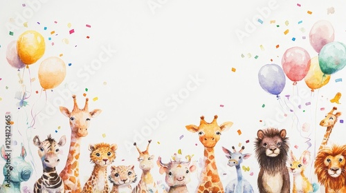 Fototapeta Naklejka Na Ścianę i Meble -  Watercolor animals celebrate with balloons and confetti.