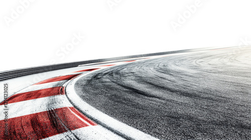 A close up view of a race track corner showcasing tire marks and red and white striped curb markings.