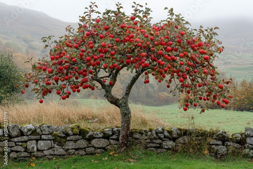 Red apple tree laden with fruit beside a rustic stone wall in the misty countryside during autumn photo