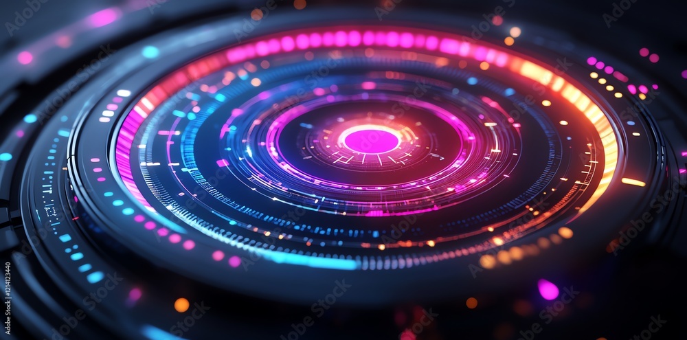 Neon Circular Tech Interface: Vibrant Pink, Blue, and Orange Hues Neon Circular Tech Interface: Vibrant Pink, Blue, and Orange Hues