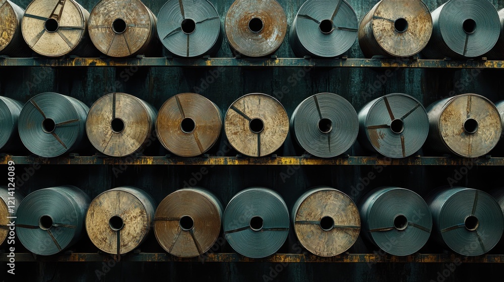 Fototapeta premium A row of massive steel coils in a warehouse, ready for shipping and industrial use