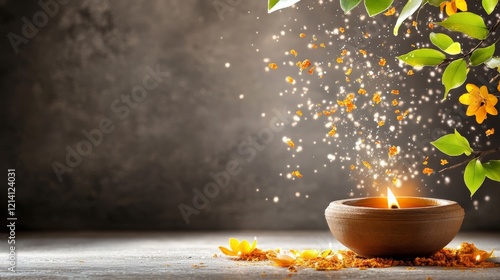 Serene candlelight with flowers and leaves in rustic setting