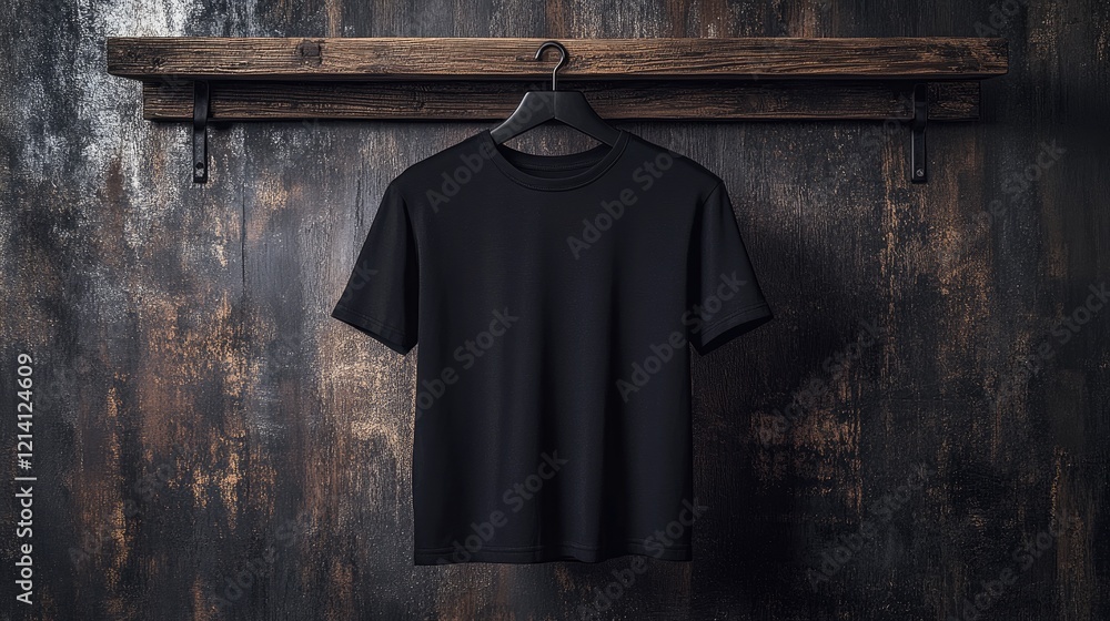 Black T-shirt Mockup on Rustic Shelf Black T-shirt Mockup on Rustic Shelf