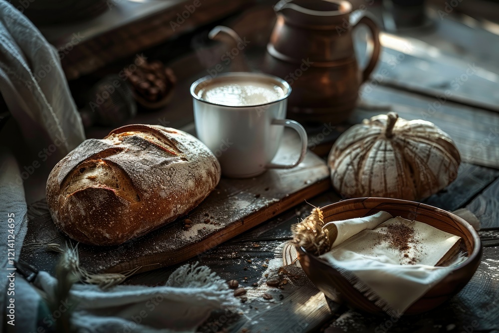 High Quality Image of Fresh Bread Hot Coffee Rustic Homemade Meal High Quality Image of Fresh Bread Hot Coffee Rustic Homemade Meal