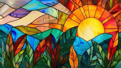 Stained glass window sun with colorful mountain and leaves 