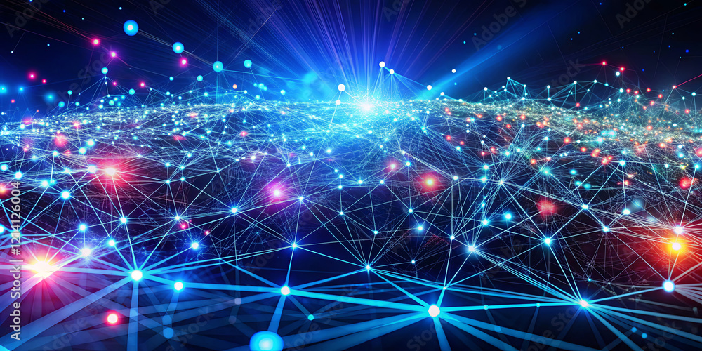 A digital representation showcases intricate connections of glowing lights forming a network. Various colors illuminate the space, suggesting activity and energy in a virtual landscape A digital representation showcases intricate connections of glowing lights forming a network. Various colors illuminate the space, suggesting activity and energy in a virtual landscape